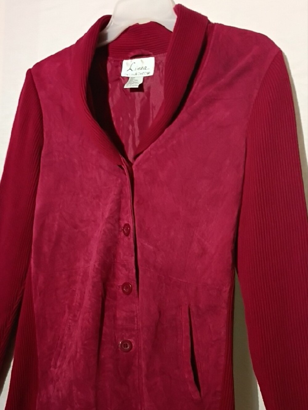 Vintage Red Crimson Button-Front Leather Knit Jacket, Louis Dell' Olio NWOT 8 - Picture 7 of 13